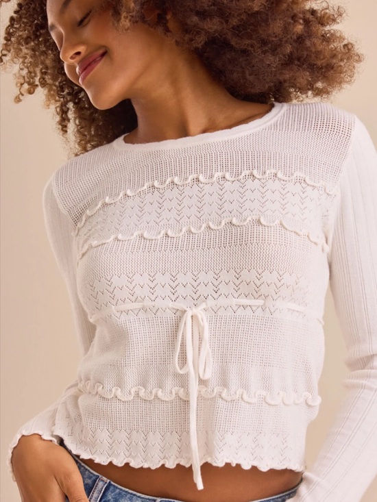 Altar'd State Sweaters - Altar'd State Ivory Pointelle Ruffle Trim Sweater (Size Medium)